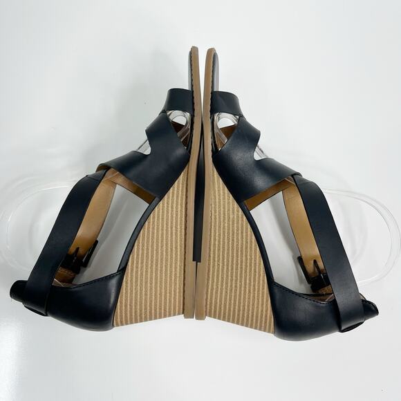 GH Bass & Co Womens 10 Black Leather‎ Crisscross Strap Wedge Heel Renae Sandals - Picture 7 of 12